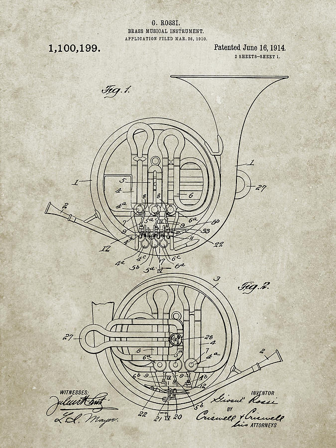Musical Instrument Digital Art - Pp188- Sandstone French Horn 1914 Patent Poster by Cole Borders