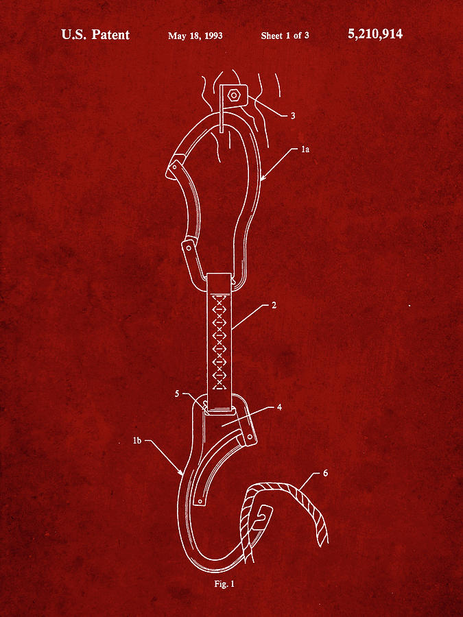 Rock Climbing Digital Art - Pp200- Burgundy Automatic Lock Carabiner Patent Poster by Cole Borders
