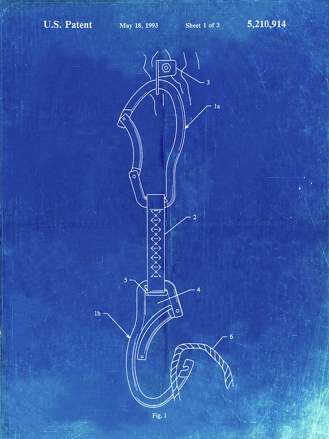 Rock Climbing Digital Art - Pp200- Faded Blueprint Automatic Lock Carabiner Patent Poster by Cole Borders