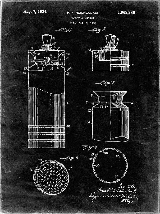 Cocktail Digital Art - Pp204- Black Grunge Cocktail Shaker Patent Poster by Cole Borders
