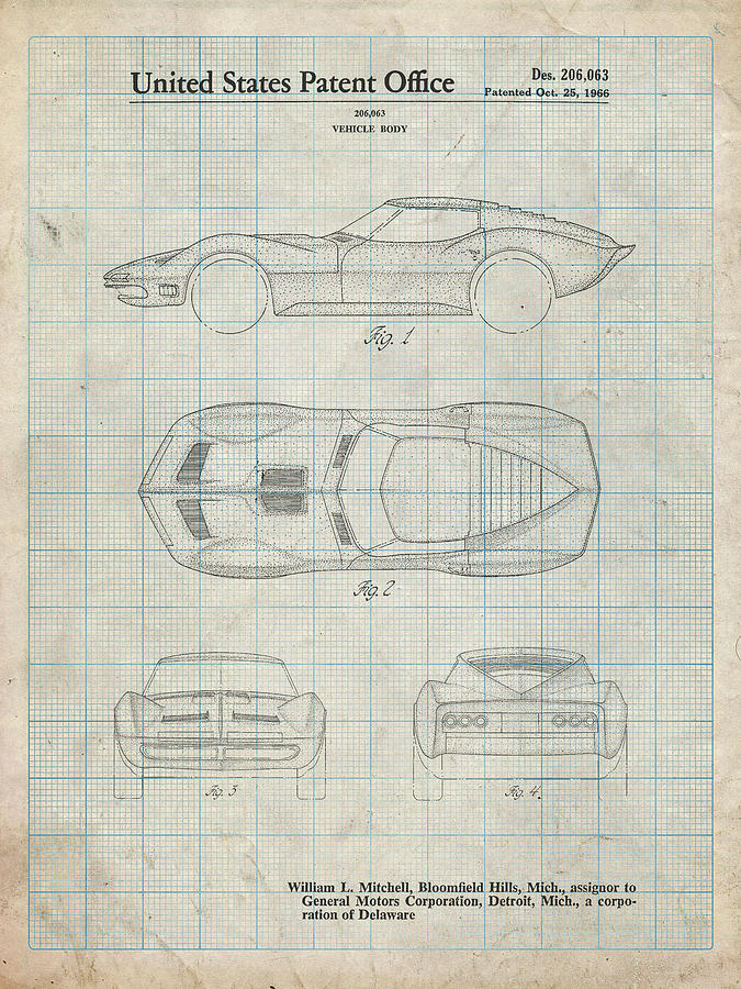Transportation Digital Art - Pp21-antique Grid Parchment Corvette 1966 Mako Shark II Patent Poster by Cole Borders