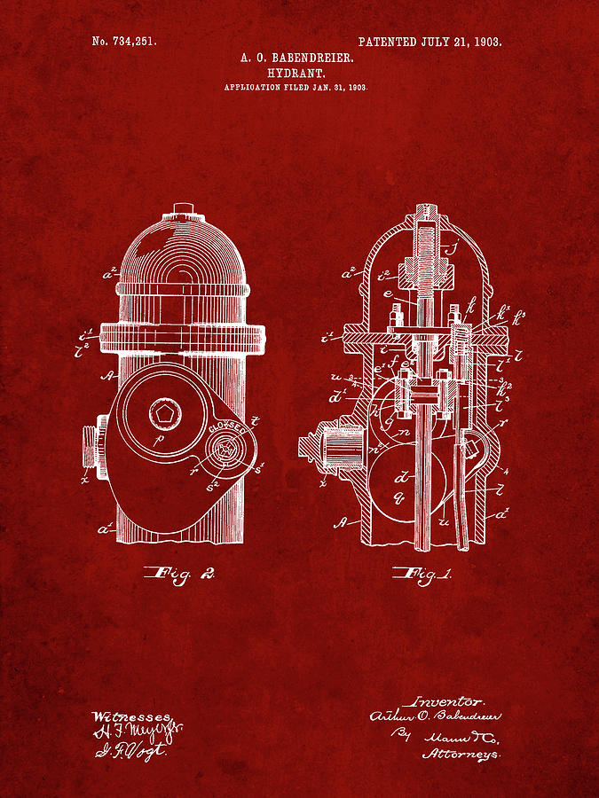 Fireman Digital Art - Pp210-burgundy Fire Hydrant 1903 Patent Poster by Cole Borders