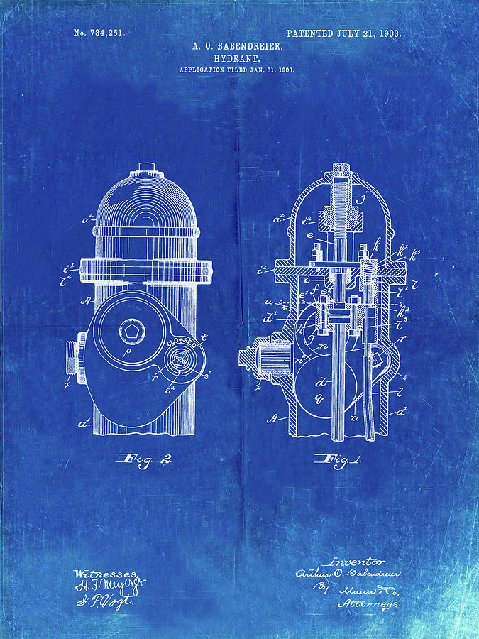Fireman Digital Art - Pp210-faded Blueprint Fire Hydrant 1903 Patent Poster by Cole Borders
