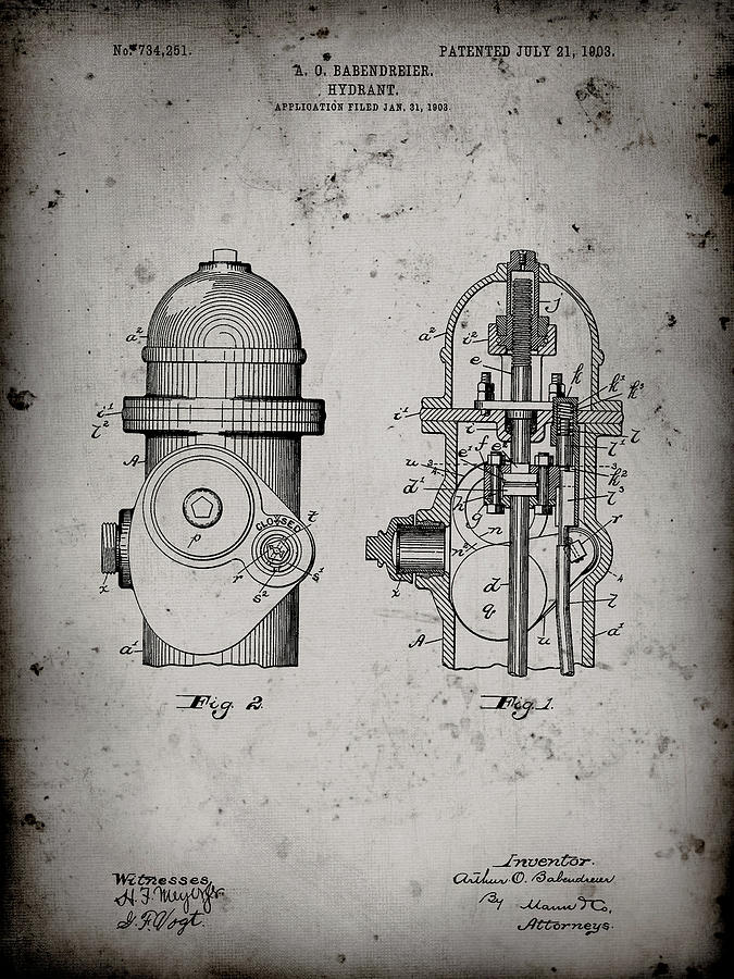 Fireman Digital Art - Pp210-faded Grey Fire Hydrant 1903 Patent Poster by Cole Borders
