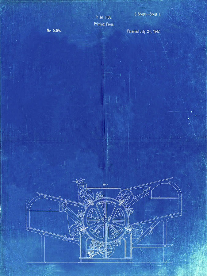 Typography Digital Art - Pp213-faded Blueprint Printing Press Patent Poster by Cole Borders