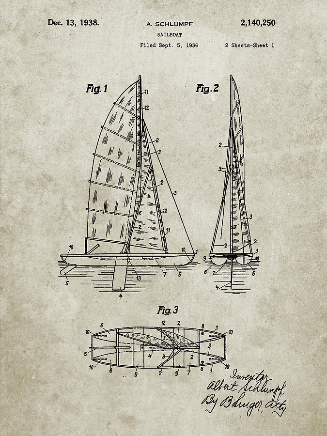 Boat Digital Art - Pp216-sandstone Schlumpf Sailboat Patent Poster by Cole Borders