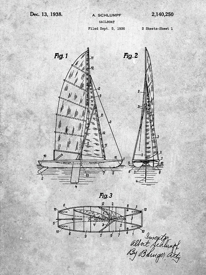 Boat Digital Art - Pp216-slate Schlumpf Sailboat Patent Poster by Cole Borders