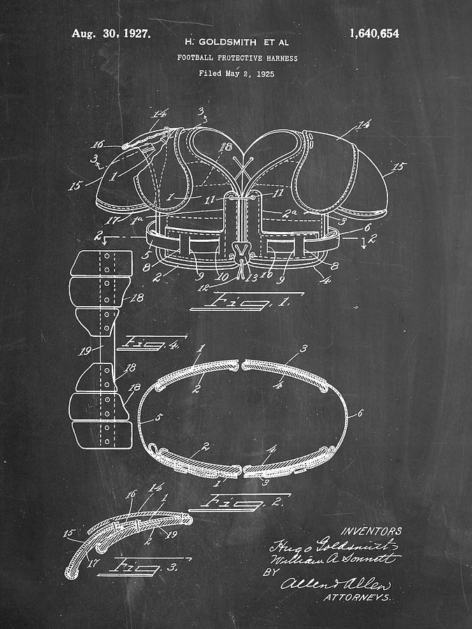 Sports Digital Art - Pp219-chalkboard Football Shoulder Pads 1925 Patent Poster by Cole Borders