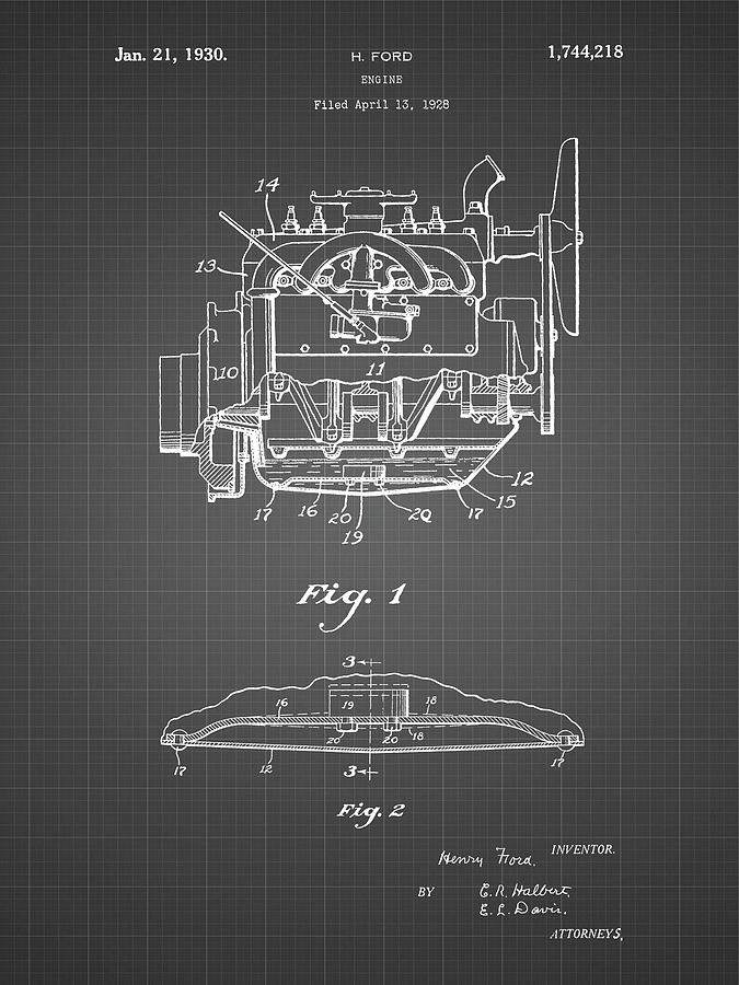 Henry Ford Digital Art - Pp220-black Grid Model A Ford Pickup Truck Engine Poster by Cole Borders