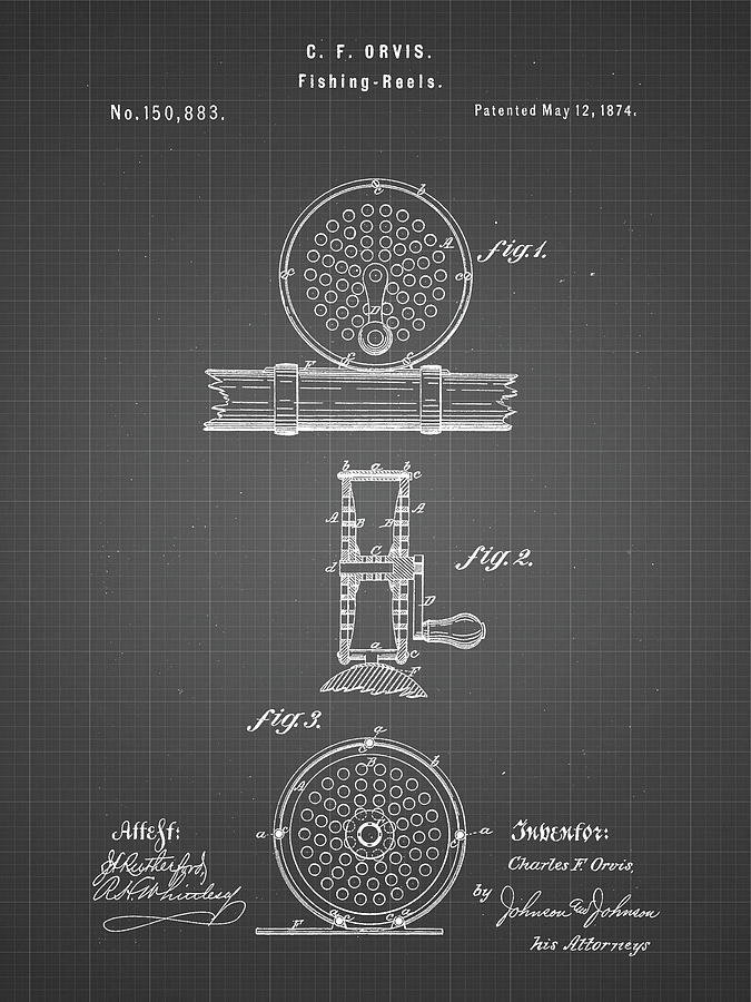 Sports Digital Art - Pp225-black Grid Orvis 1874 Fly Fishing Reel Patent Poster by Cole Borders