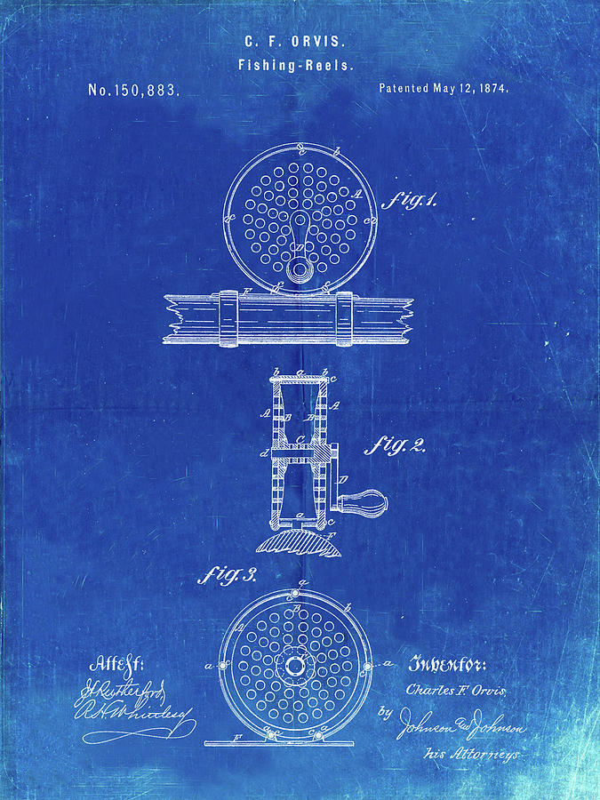 Sports Digital Art - Pp225-faded Blueprint Orvis 1874 Fly Fishing Reel Patent Poster by Cole Borders