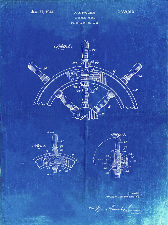 Transportation Digital Art - Pp228-faded Blueprint Ship Steering Wheel Patent Poster by Cole Borders