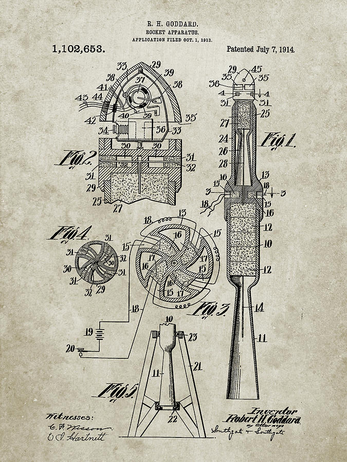 Space Digital Art - Pp230-sandstone Robert Goddard Rocket Patent Poster by Cole Borders