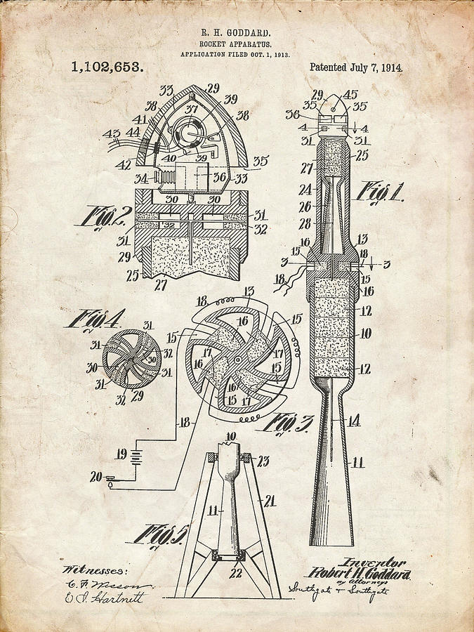 Space Digital Art - Pp230-vintage Parchment Robert Goddard Rocket Patent Poster by Cole Borders
