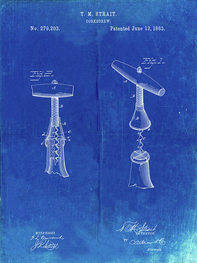 Household Item Digital Art - Pp235-faded Blueprint Corkscrew 1883 Patent Poster by Cole Borders