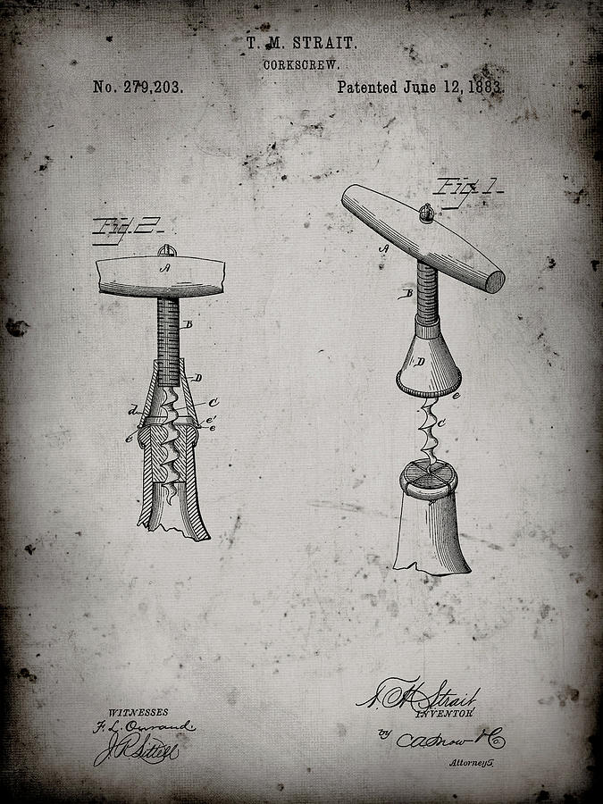 Household Item Digital Art - Pp235-faded Grey Corkscrew 1883 Patent Poster by Cole Borders