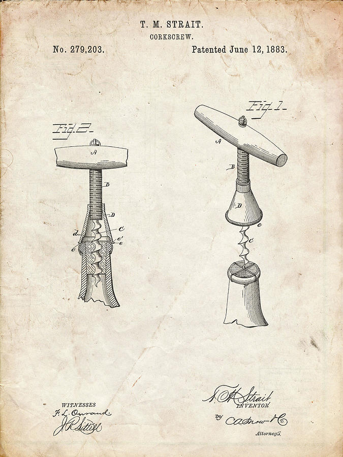 Household Item Digital Art - Pp235-vintage Parchment Corkscrew 1883 Patent Poster by Cole Borders