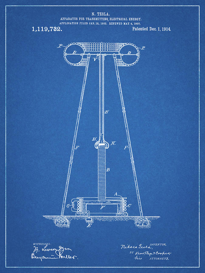 Objects Digital Art - Pp241-blueprint Tesla Energy Transmitter Patent Poster by Cole Borders