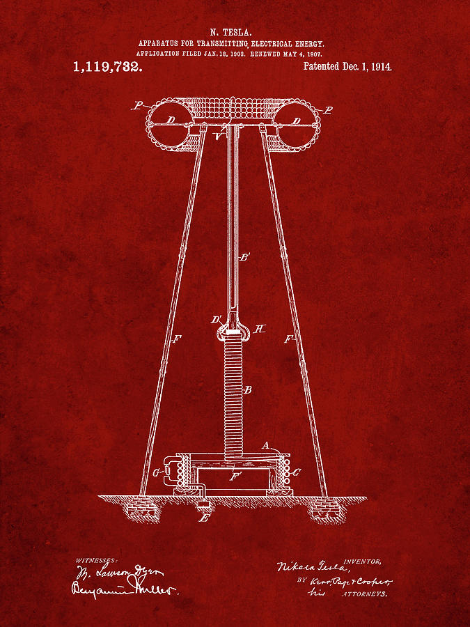 Objects Digital Art - Pp241-burgundy Tesla Energy Transmitter Patent Poster by Cole Borders