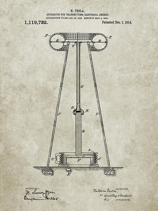 Objects Digital Art - Pp241-sandstone Tesla Energy Transmitter Patent Poster by Cole Borders