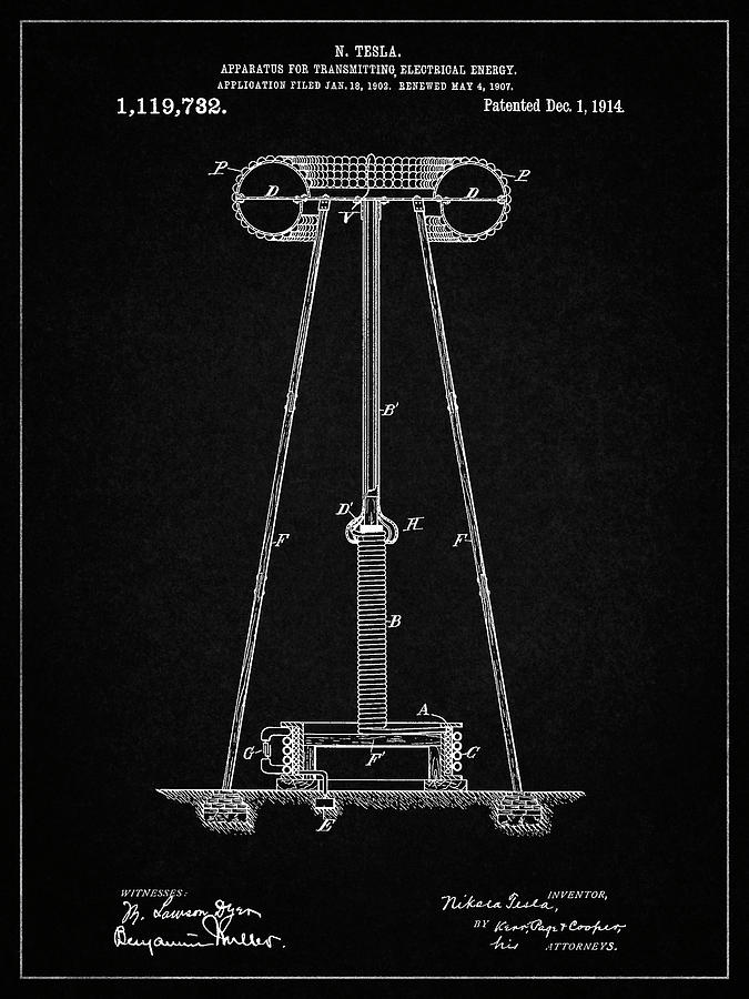 Objects Digital Art - Pp241-vintage Black Tesla Energy Transmitter Patent Poster by Cole Borders