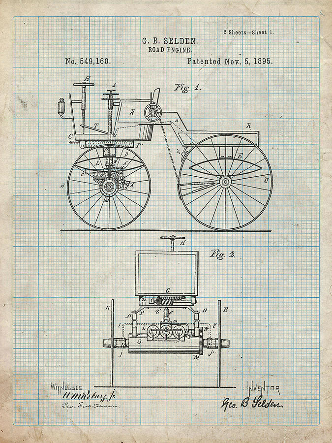 Transportation Digital Art - Pp243-antique Grid Parchment Motor Buggy 1895 Patent Print by Cole Borders
