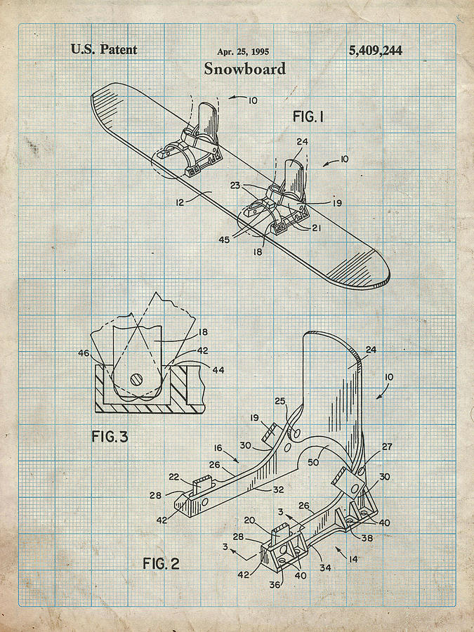 Pp246 antique Grid Parchment Burton Baseless Binding 1995 Snowboard Patent Poster by Cole Borders