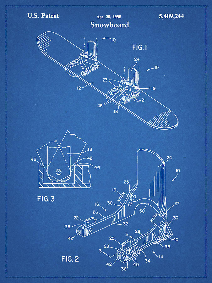 Pp246 blueprint Burton Baseless Binding 1995 Snowboard Patent Poster by Cole Borders