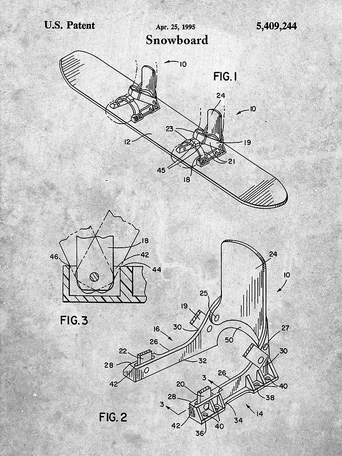 Pp246 slate Burton Baseless Binding 1995 Snowboard Patent Poster by Cole Borders