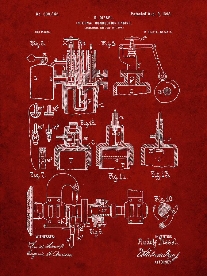 Diesel Digital Art - Pp257-burgundy Diesel Engine 1898 Patent Poster by Cole Borders