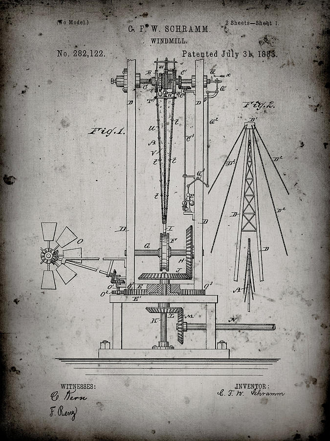 Farm Digital Art - Pp26-faded Grey Windmill 1883 Patent Poster by Cole Borders