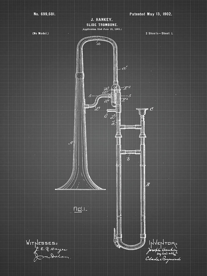 Trombone Digital Art - Pp261-black Grid Slide Trombone Patent Poster by Cole Borders