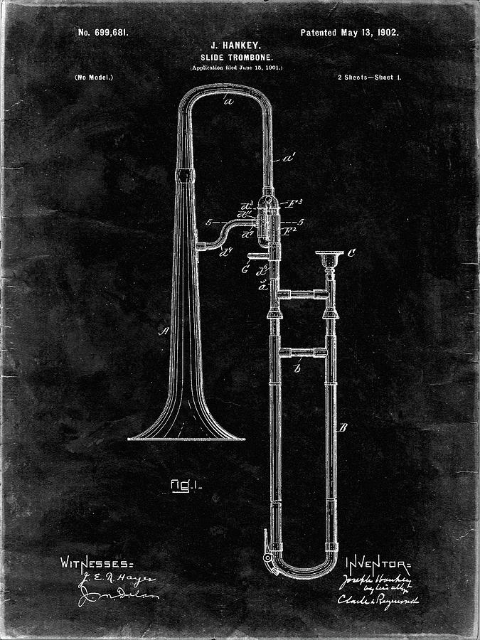 Trombone Digital Art - Pp261-black Grunge Slide Trombone Patent Poster by Cole Borders