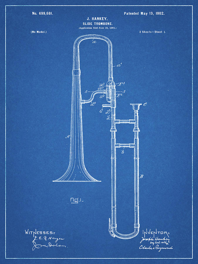 Trombone Digital Art - Pp261-blueprint Slide Trombone Patent Poster by Cole Borders Trombone Digital Art - Pp261-blueprint Slide Trombone Patent Poster by Cole Borders