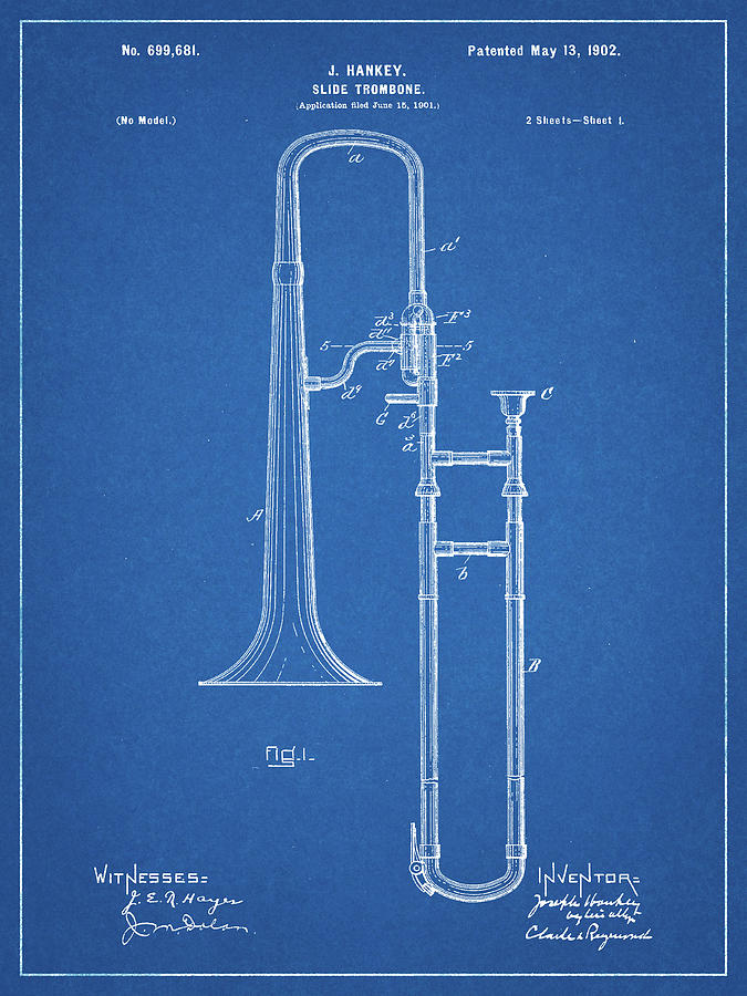 Trombone Digital Art - Pp261-blueprint Slide Trombone Patent Poster by Cole Borders