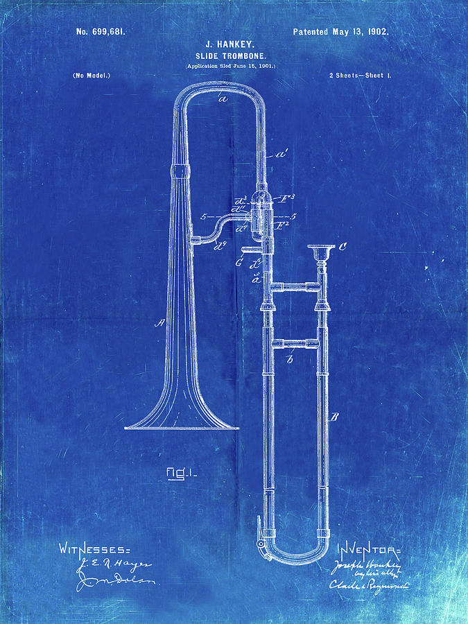 Trombone Digital Art - Pp261-faded Blueprint Slide Trombone Patent Poster by Cole Borders