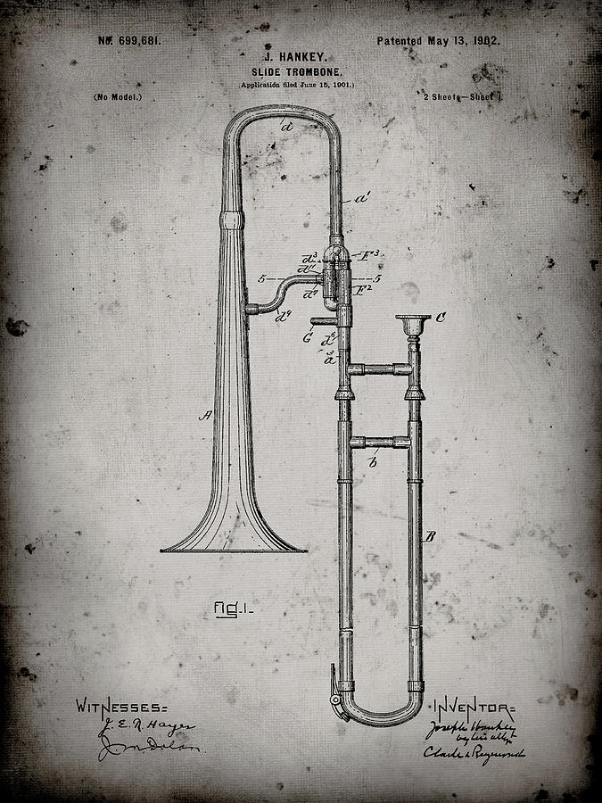 Trombone Digital Art - Pp261-faded Grey Slide Trombone Patent Poster by Cole Borders