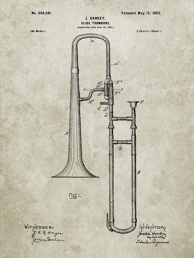 Trombone Digital Art - Pp261-sandstone Slide Trombone Patent Poster by Cole Borders