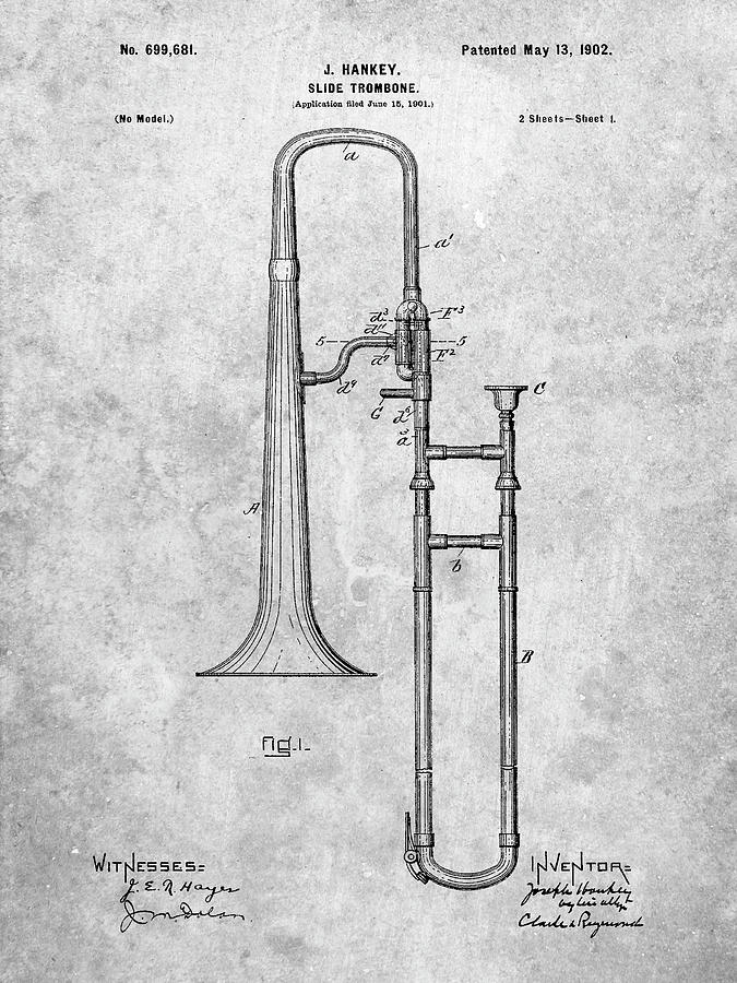 Trombone Digital Art - Pp261-slate Slide Trombone Patent Poster by Cole Borders
