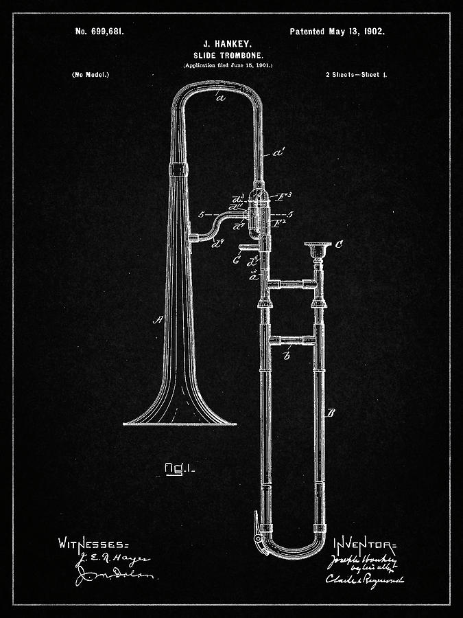 Trombone Digital Art - Pp261-vintage Black Slide Trombone Patent Poster by Cole Borders