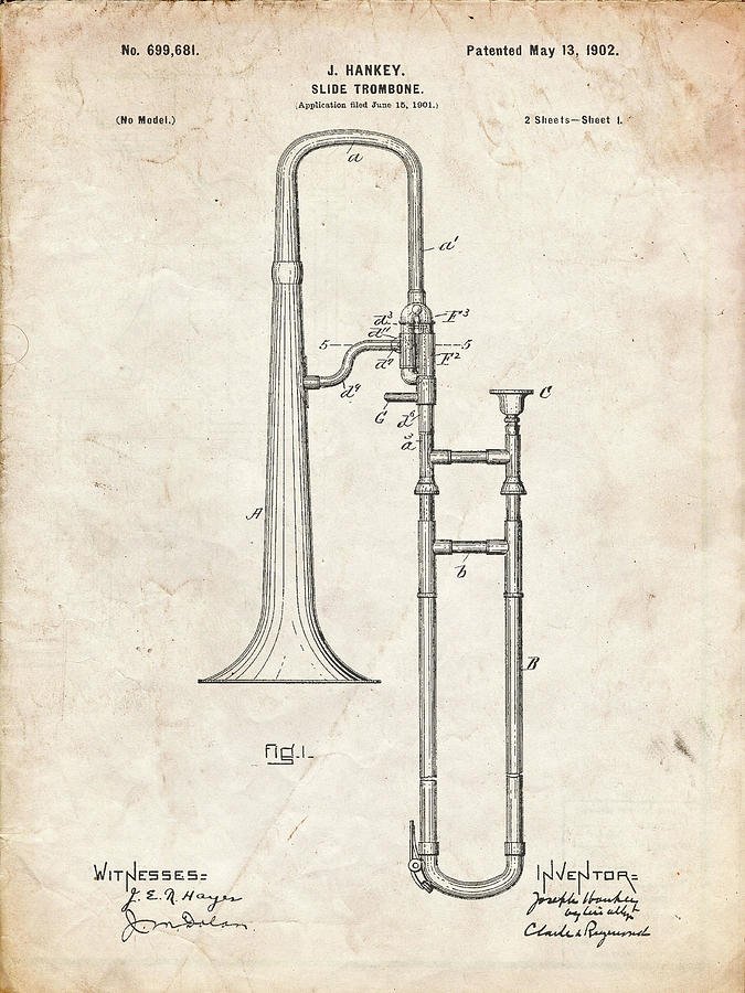 Trombone Digital Art - Pp261-vintage Parchment Slide Trombone Patent Poster by Cole Borders