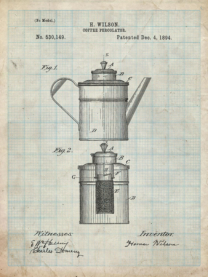 Design Digital Art - Pp27-antique Grid Parchment Coffee 2 Part Percolator 1894 Patent Poster by Cole Borders