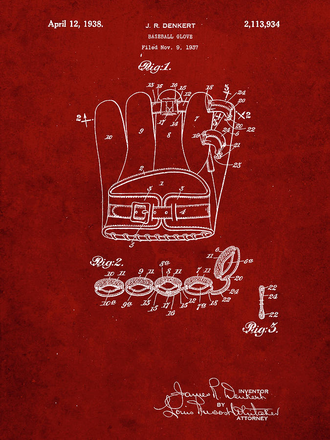 Sports Digital Art - Pp272-burgundy Denkert Baseball Glove Patent Poster by Cole Borders