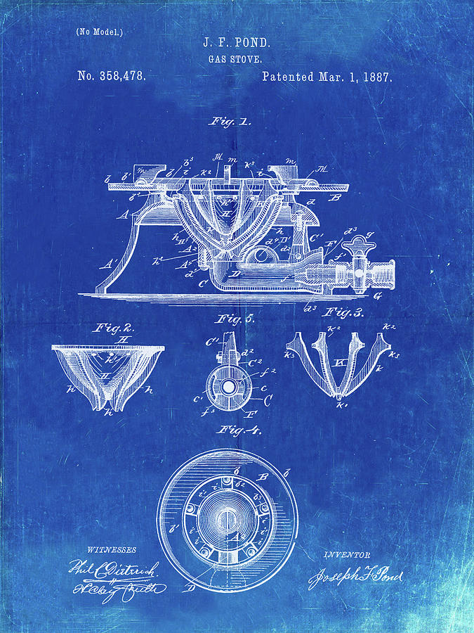 Objects Digital Art - Pp274-faded Blueprint Gas Stove Range 1887 Patent Poster by Cole Borders