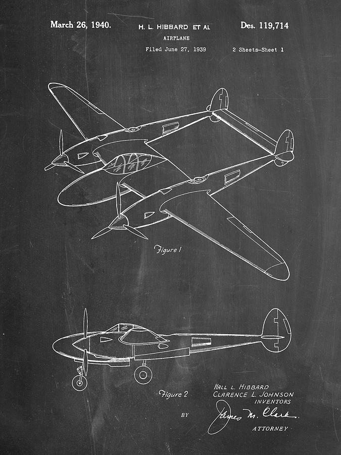 Transportation Digital Art - Pp277-chalkboard Lockheed P-38 Lightning Patent Poster by Cole Borders