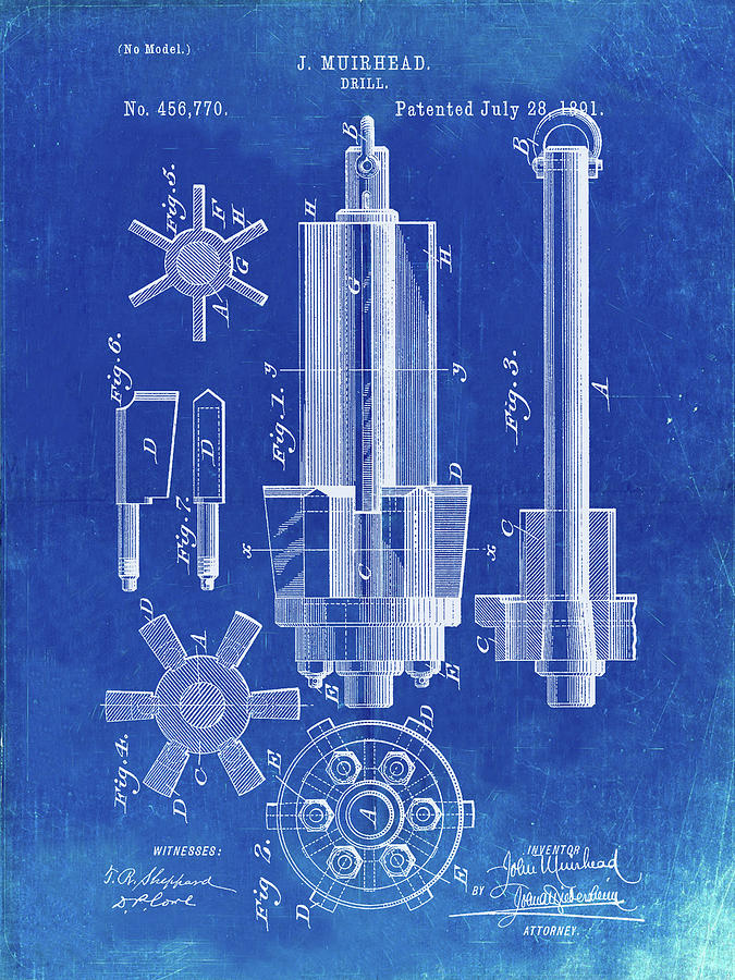 Drill Digital Art - Pp280-faded Blueprint Mining Drill Tool 1891 Patent Poster by Cole Borders