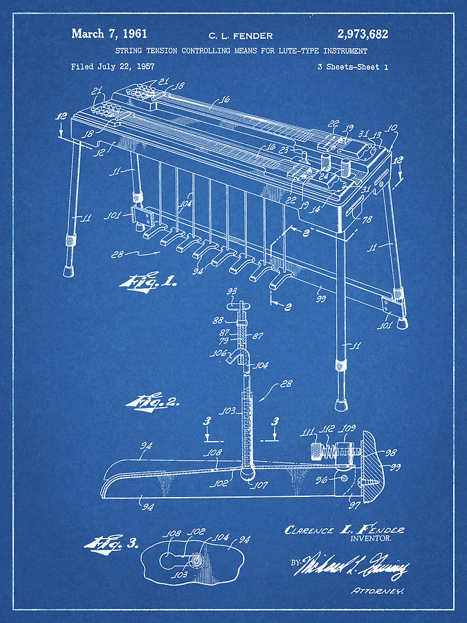 Music Digital Art - Pp281-blueprint Fender Pedal Steel Guitar Patent Poster by Cole Borders