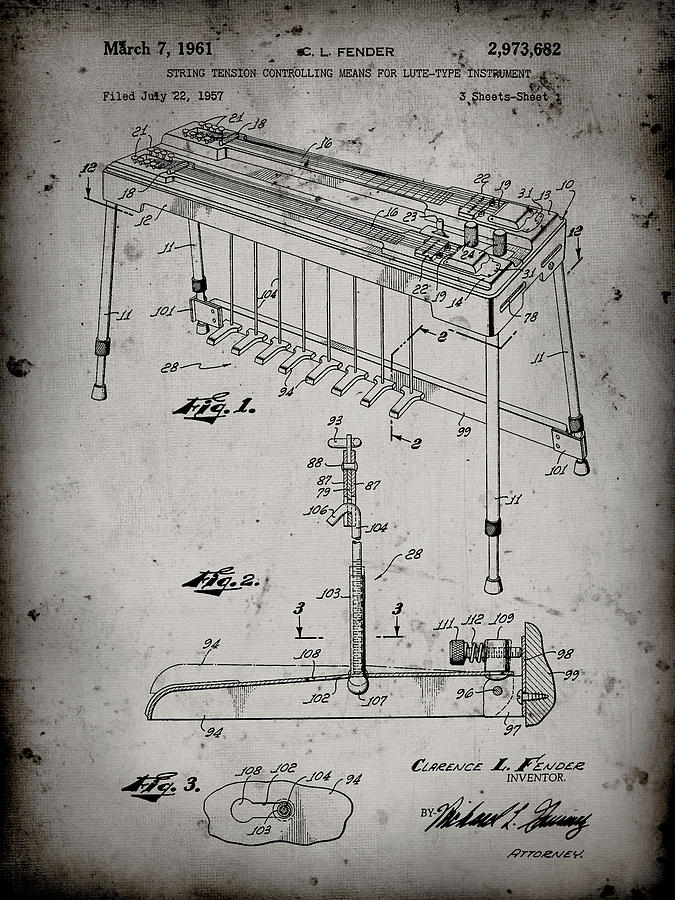 Music Digital Art - Pp281-faded Grey Fender Pedal Steel Guitar Patent Poster by Cole Borders