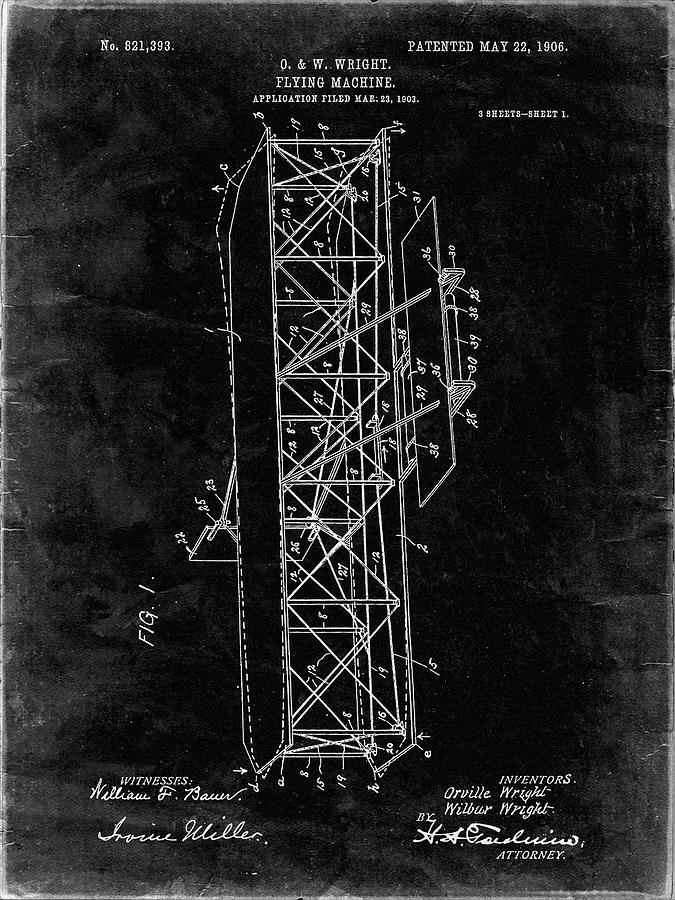 Transportation Digital Art - Pp288-black Grunge Wright Brothers Flying Machine Patent Poster by Cole Borders