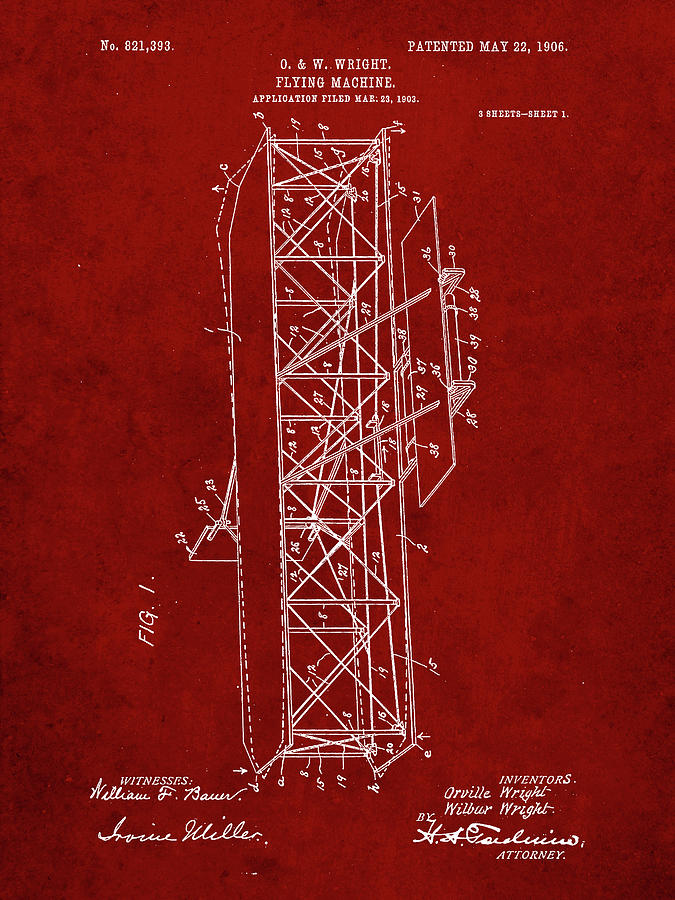 Transportation Digital Art - Pp288-burgundy Wright Brothers Flying Machine Patent Poster by Cole Borders
